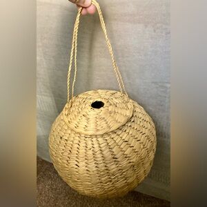 Vintage Brown Wicker Basket Hanging With Lid